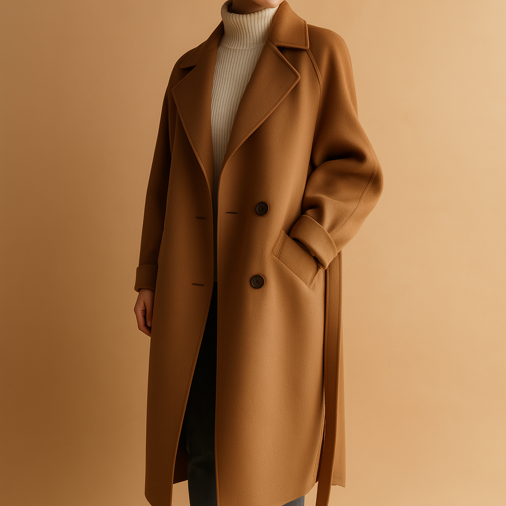 Brown coat worn over a white turtleneck on a beige background