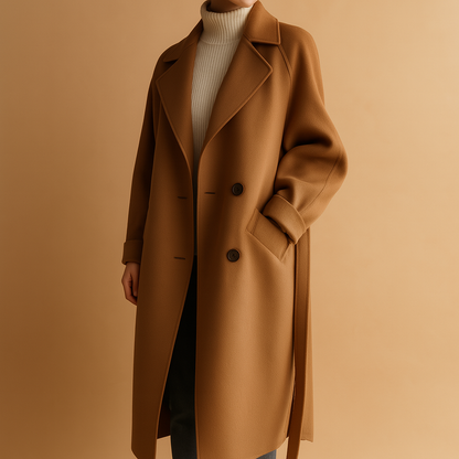Brown coat worn over a white turtleneck on a beige background