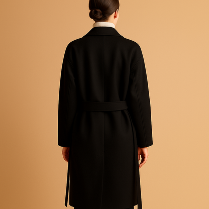 Person wearing a black coat on a beige background