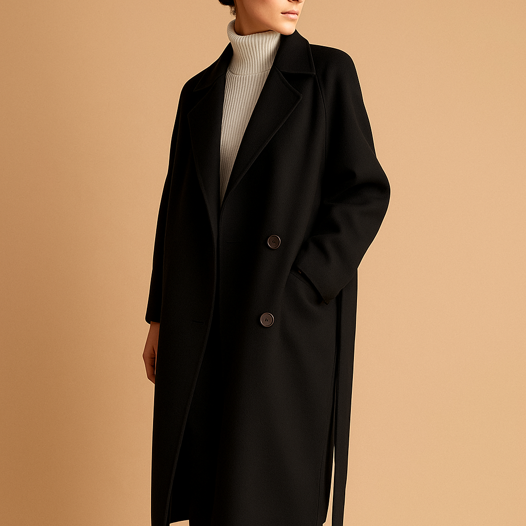 Black coat worn by a person on a beige background