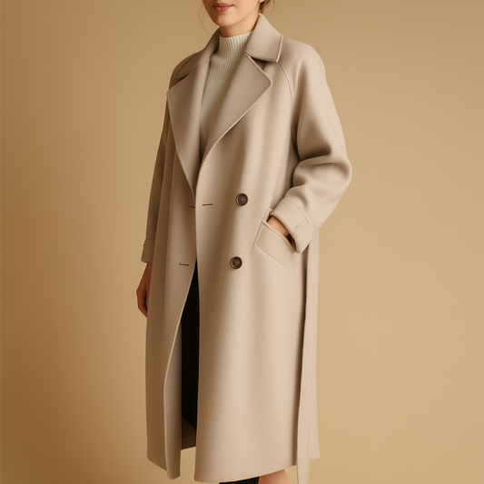 Beige overcoat worn by a person on a beige background