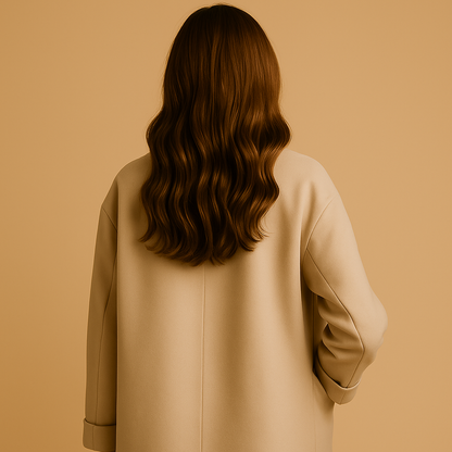 Person wearing a beige coat against a beige background
