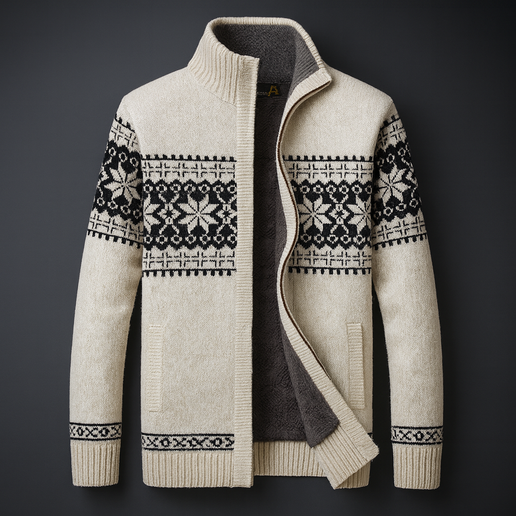 white cardigan with black and white chirstmas pattern on a dark background