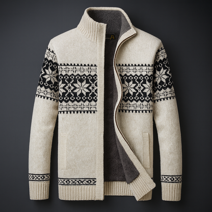 white cardigan with black and white chirstmas pattern on a dark background