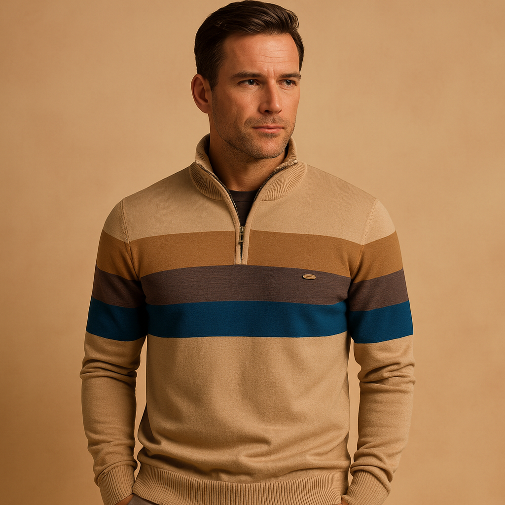 Man wearing a beige sweater with horizontal stripes on a beige background