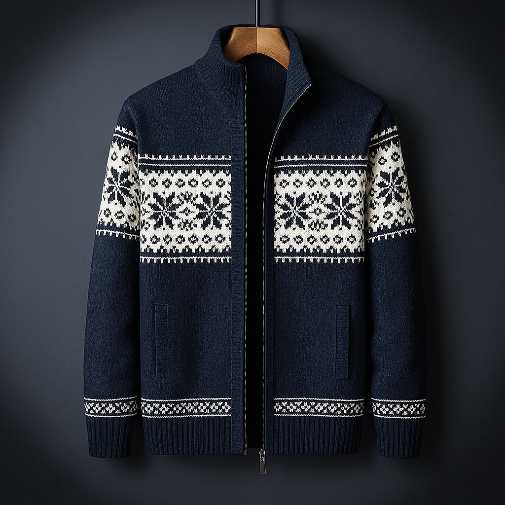 Navy blue christmas cardigan with white pattern on a dark background