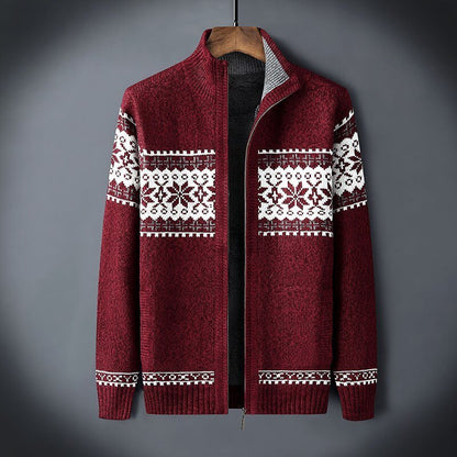 Red christmas cardigan with white pattern on a gray background