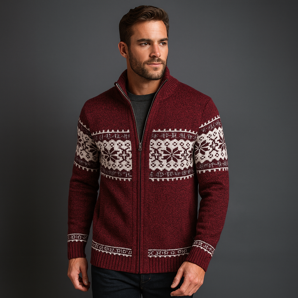 Man wearing a red christmas sweater with white patterns on a gray background