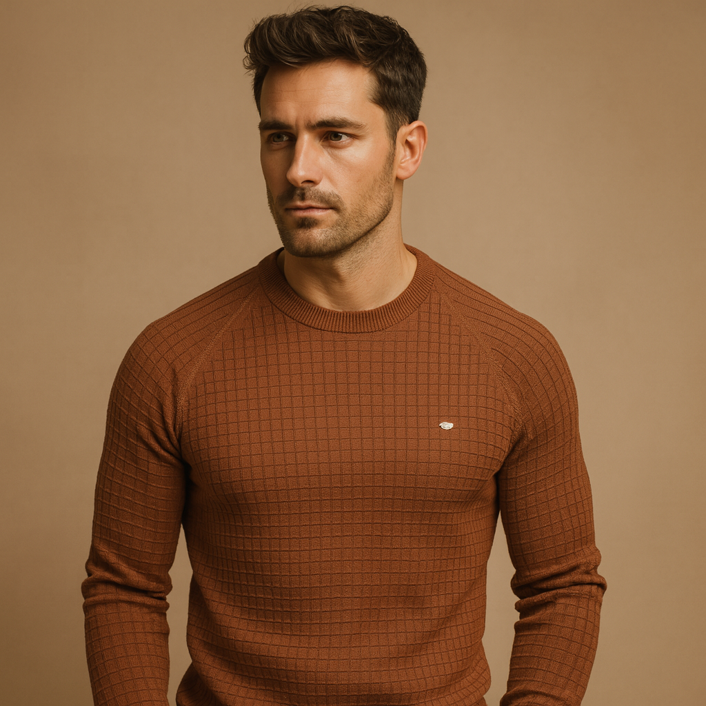 Man wearing a brown textured sweater against a beige background