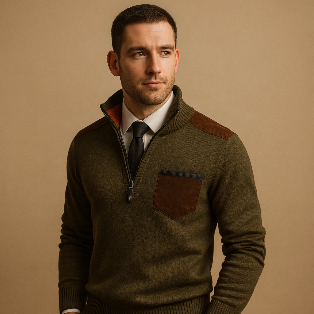 Man wearing a green sweater with brown accents on a beige background