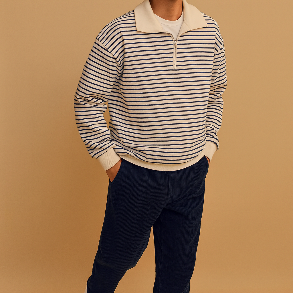 Person wearing a striped sweater and dark pants on a beige background