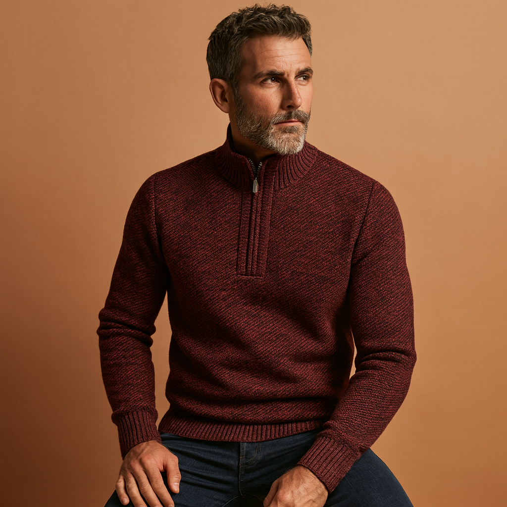 Man wearing a maroon sweater against a brown background