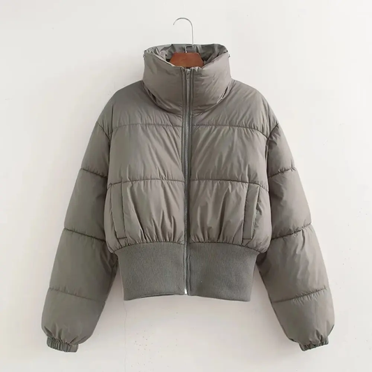 Jacket Women Cropped Puffer Zip Front High Neck Collar