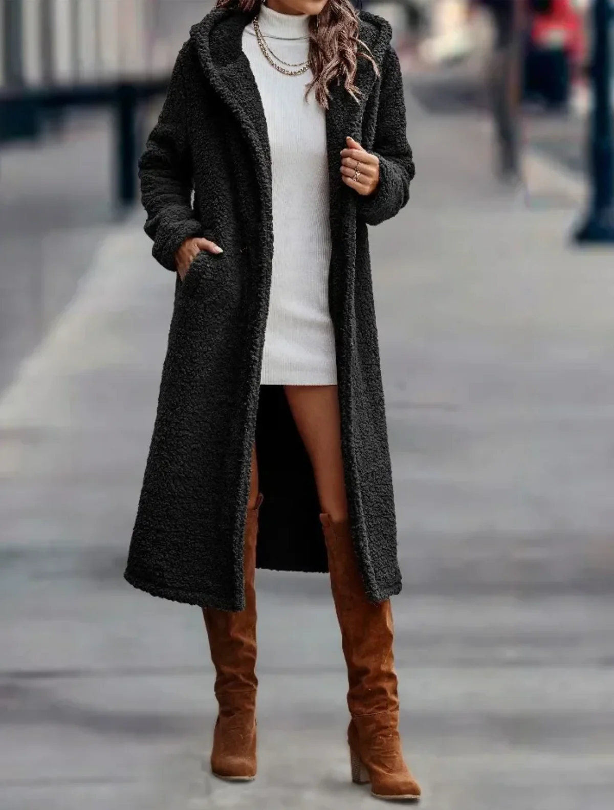 Overcoat Women Warm Hooded Long Teddy Coat Relaxed Fit