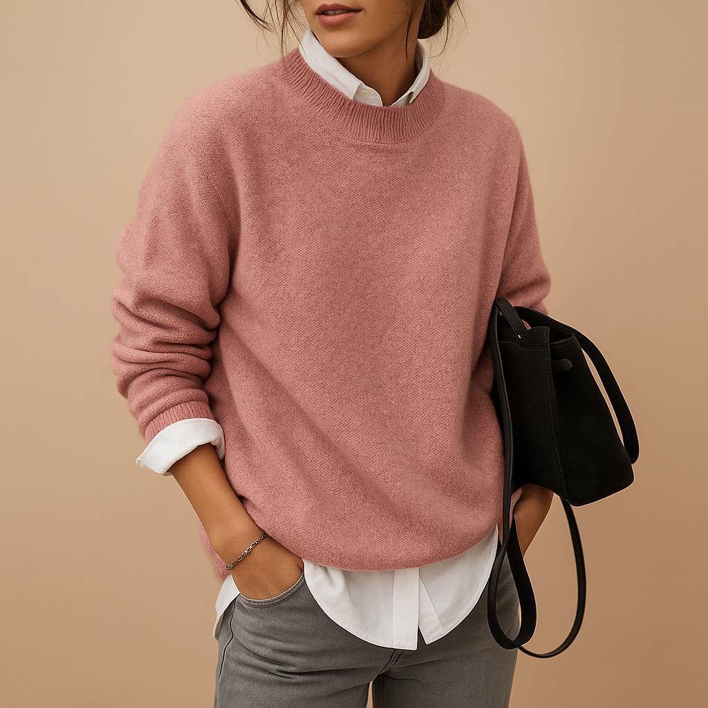 Person wearing a pink sweater over a white shirt with gray pants, holding a black bag on a beige background.
