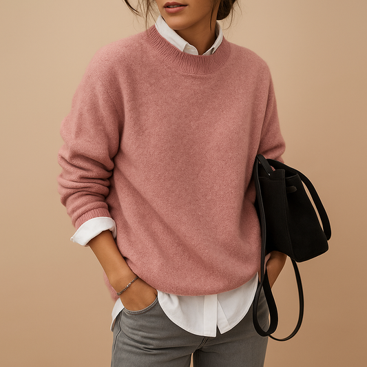 Person wearing a pink sweater over a white shirt with gray pants, holding a black bag on a beige background.