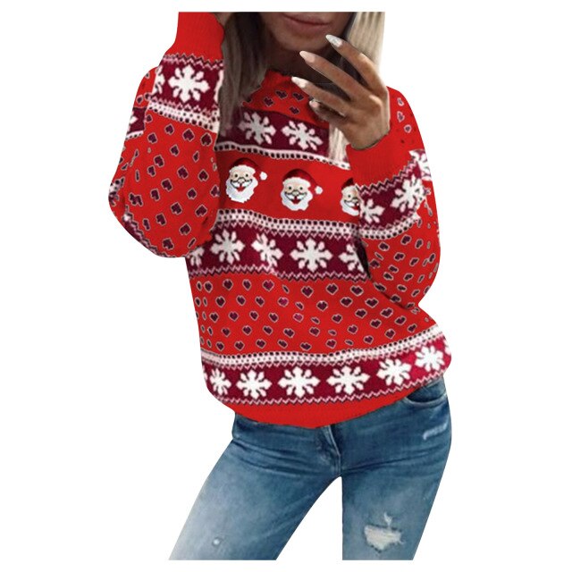 Santa Claus Women’s Christmas Sweater – Snowflake, Long Sleeve