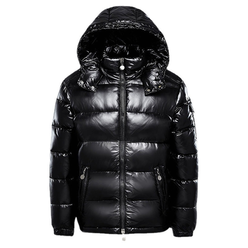 Black puffer jacket with glossy finish on a white background
