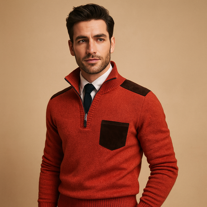 Man wearing a red sweater with black accents on a beige background