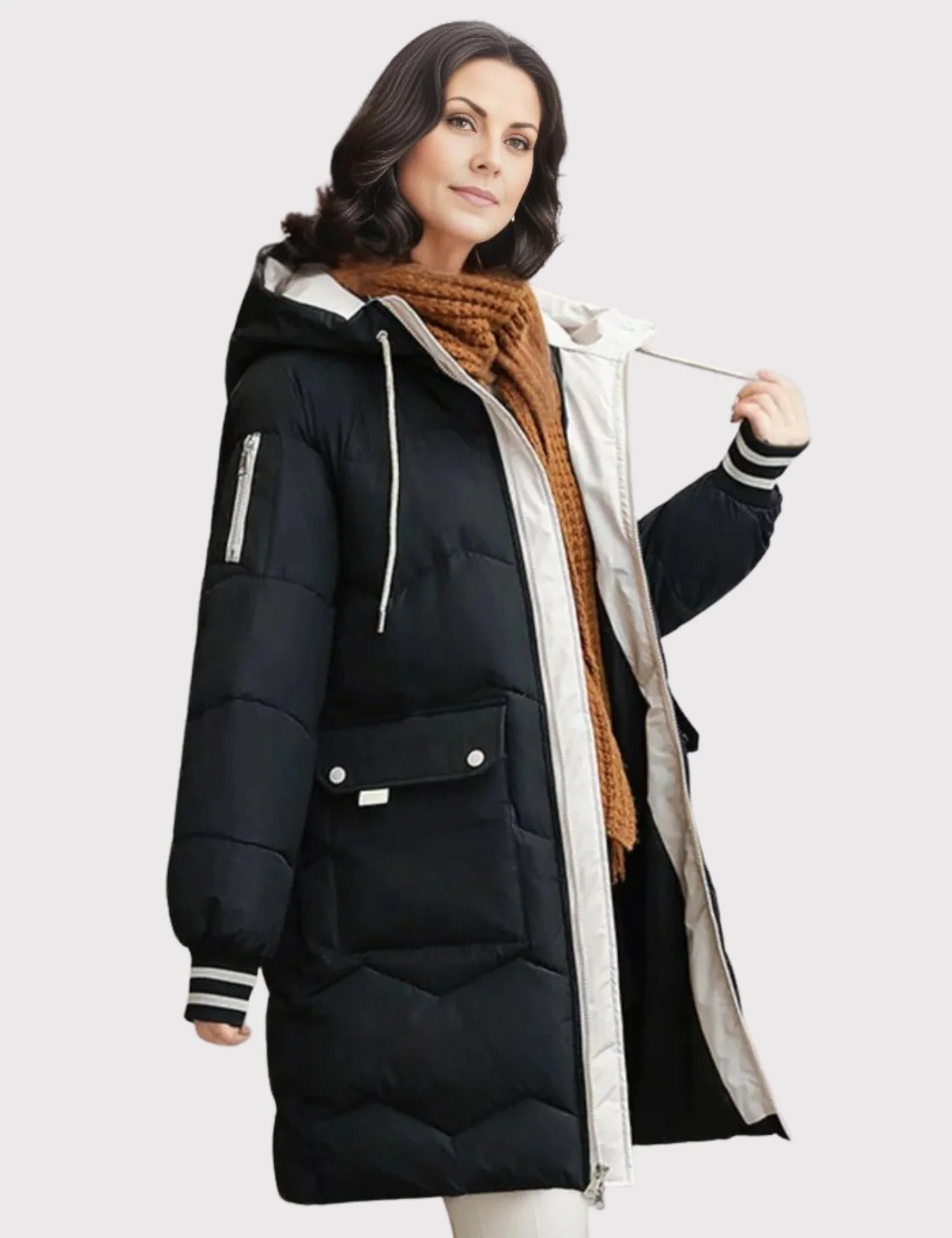 Quilted Jacket Women Hooded Tailored Fit Knee Length Coat