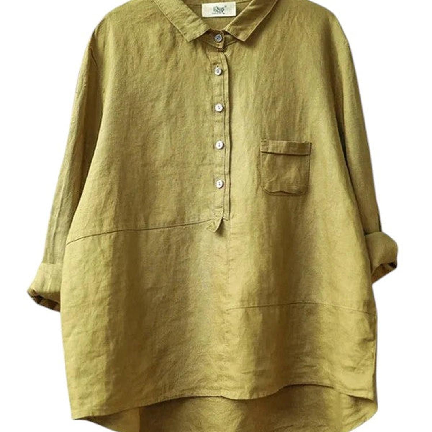 Shirt Women Cotton-Linen Long Sleeve Lapel Neck Relaxed Fit Solid Colour