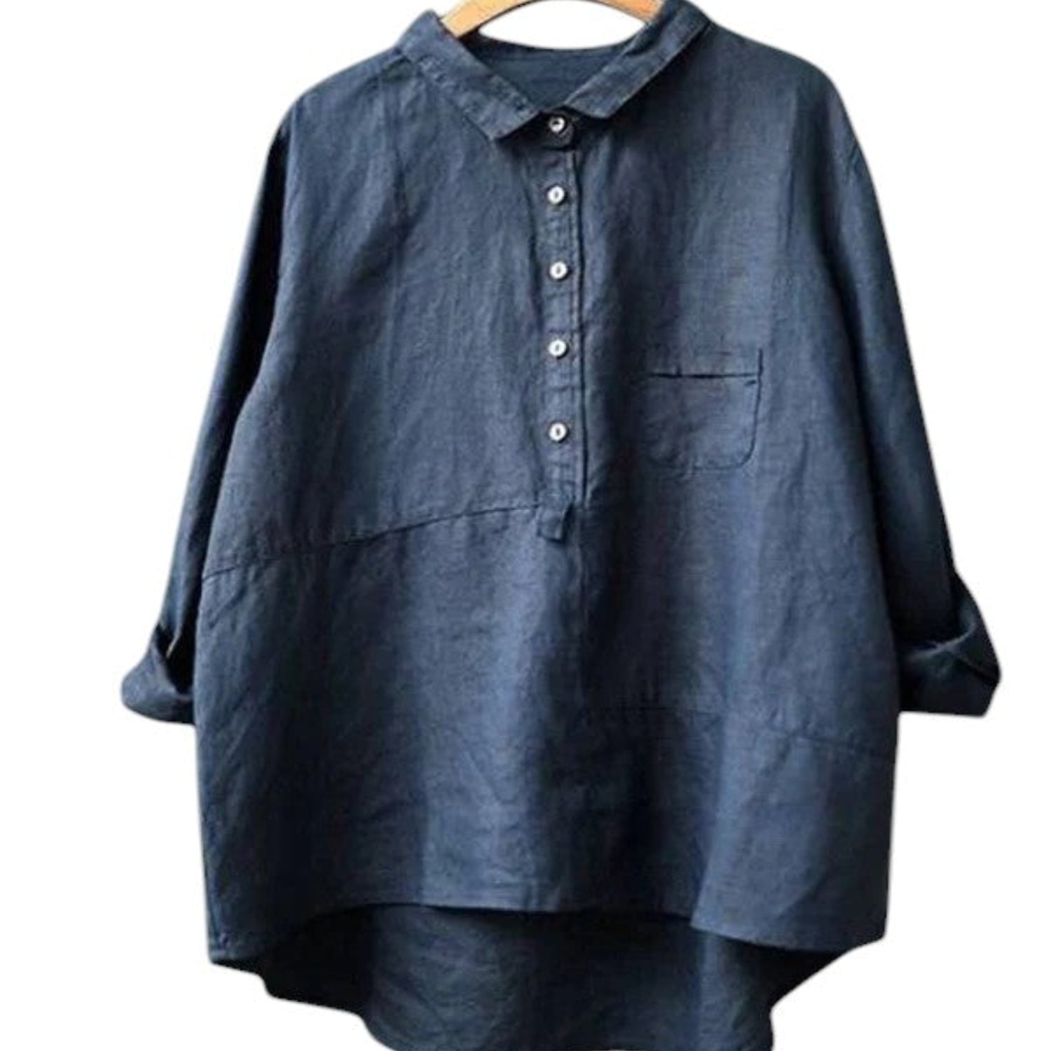 Shirt Women Cotton-Linen Long Sleeve Lapel Neck Relaxed Fit Solid Colour