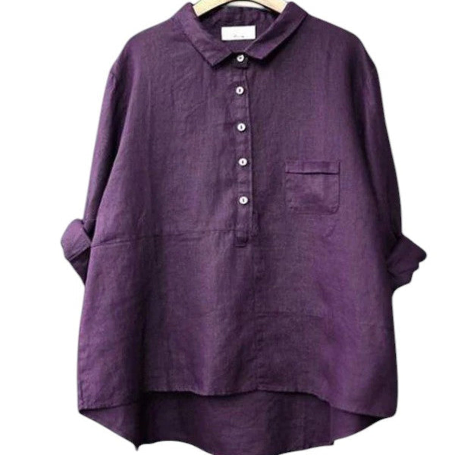 Shirt Women Cotton-Linen Long Sleeve Lapel Neck Relaxed Fit Solid Colour