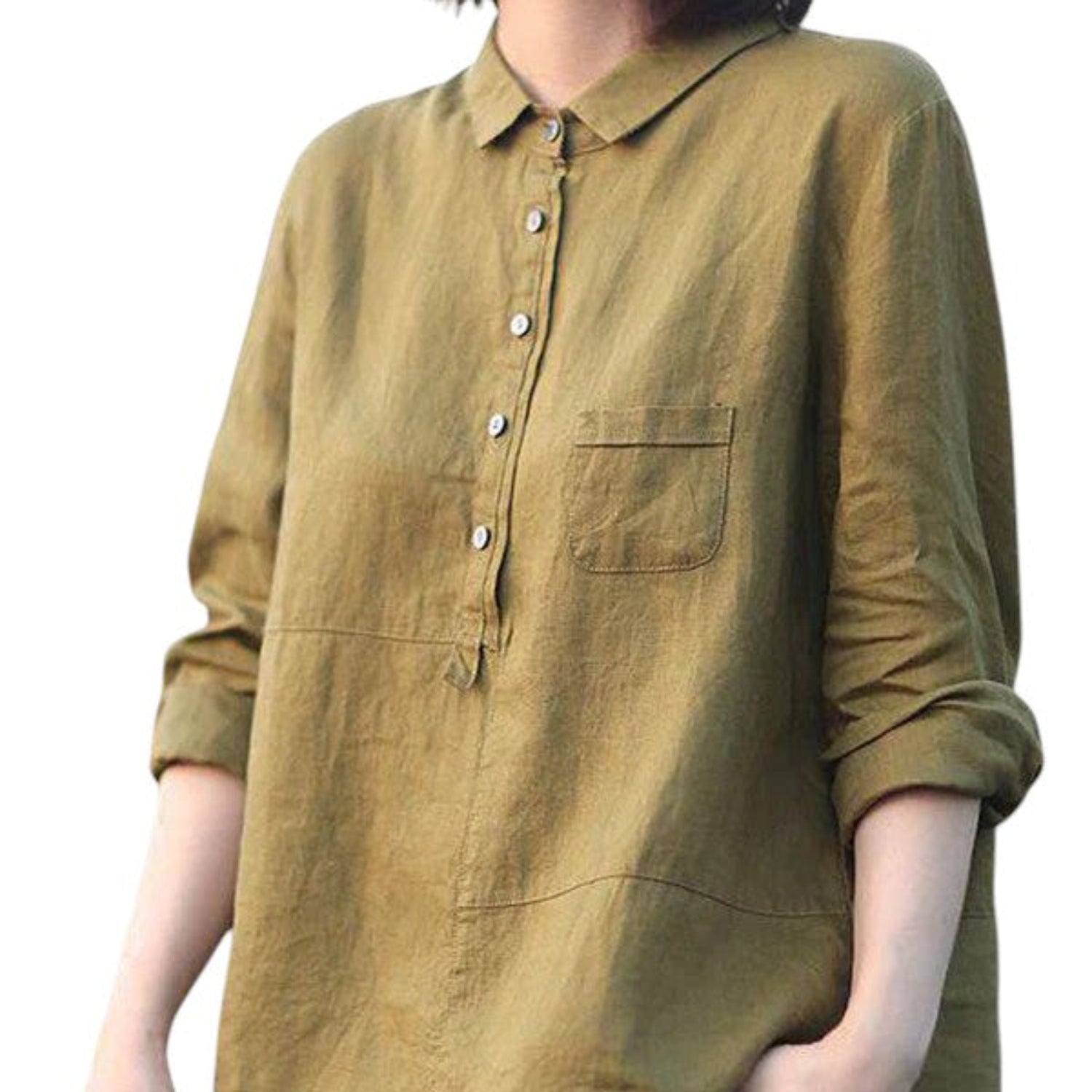Shirt Women Cotton-Linen Long Sleeve Lapel Neck Relaxed Fit Solid Colour