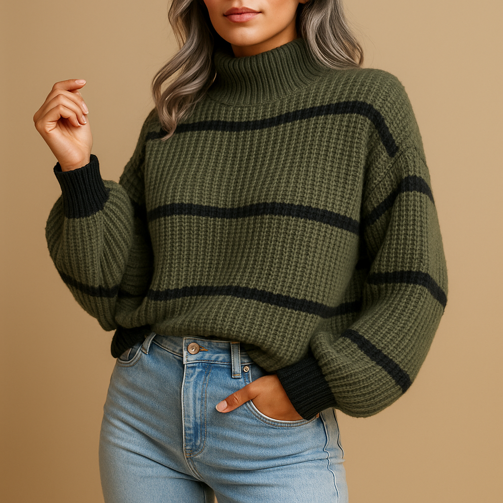 Sweater Women High Neck Long Sleeve Striped Pattern Loose Fit Cut
