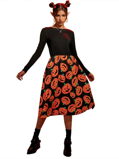 Women’s spooky pumpkin print halloween dress - midi length