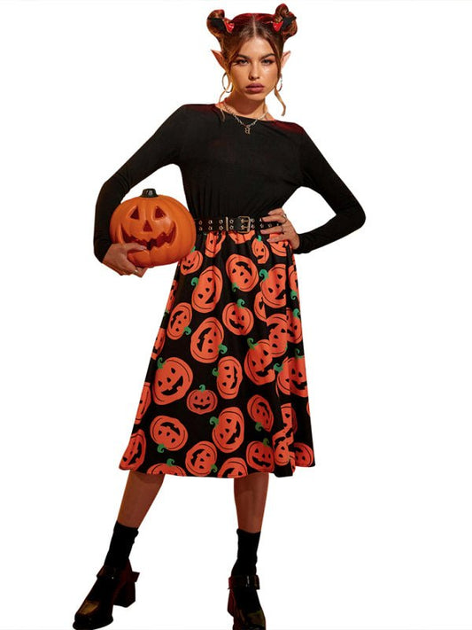 Women’s spooky pumpkin print halloween dress - midi length