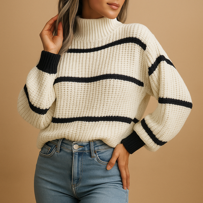 Person wearing a white sweater with black stripes and blue jeans on a beige background