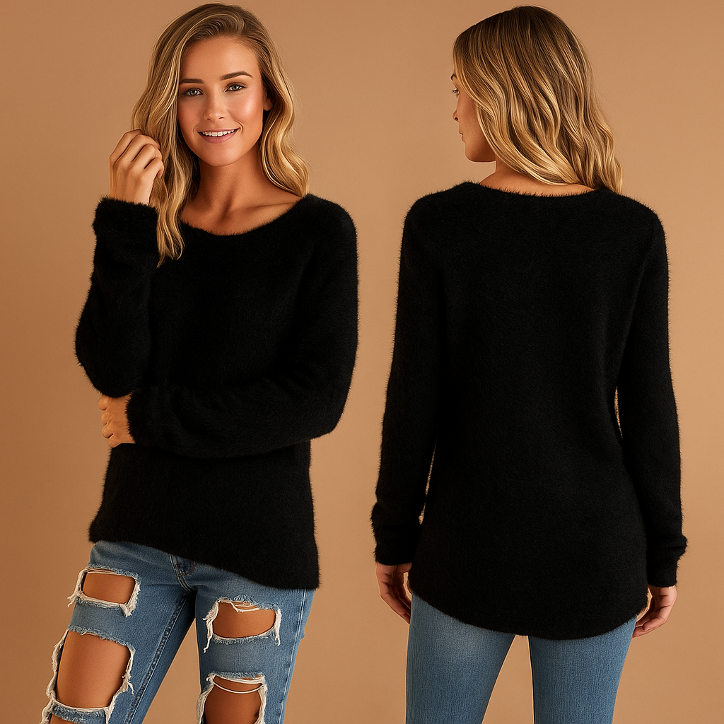 Woman wearing a black sweater and ripped jeans, shown from front and back on a beige background.