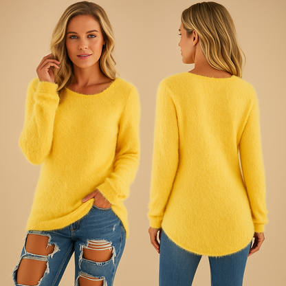 Woman wearing a yellow sweater and ripped jeans, shown from front and back on a beige background