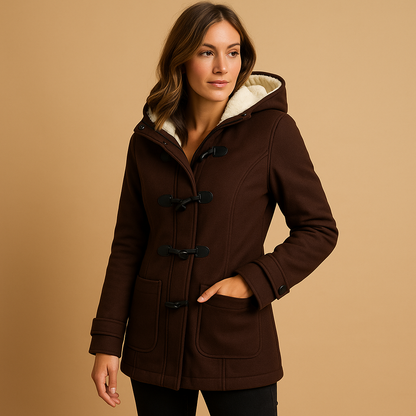 Woman wearing a brown coat with a hood on a beige background