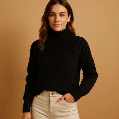 Woman wearing a black turtleneck sweater against a beige background