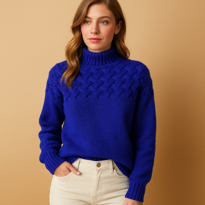 Woman wearing a blue knitted sweater against a beige background