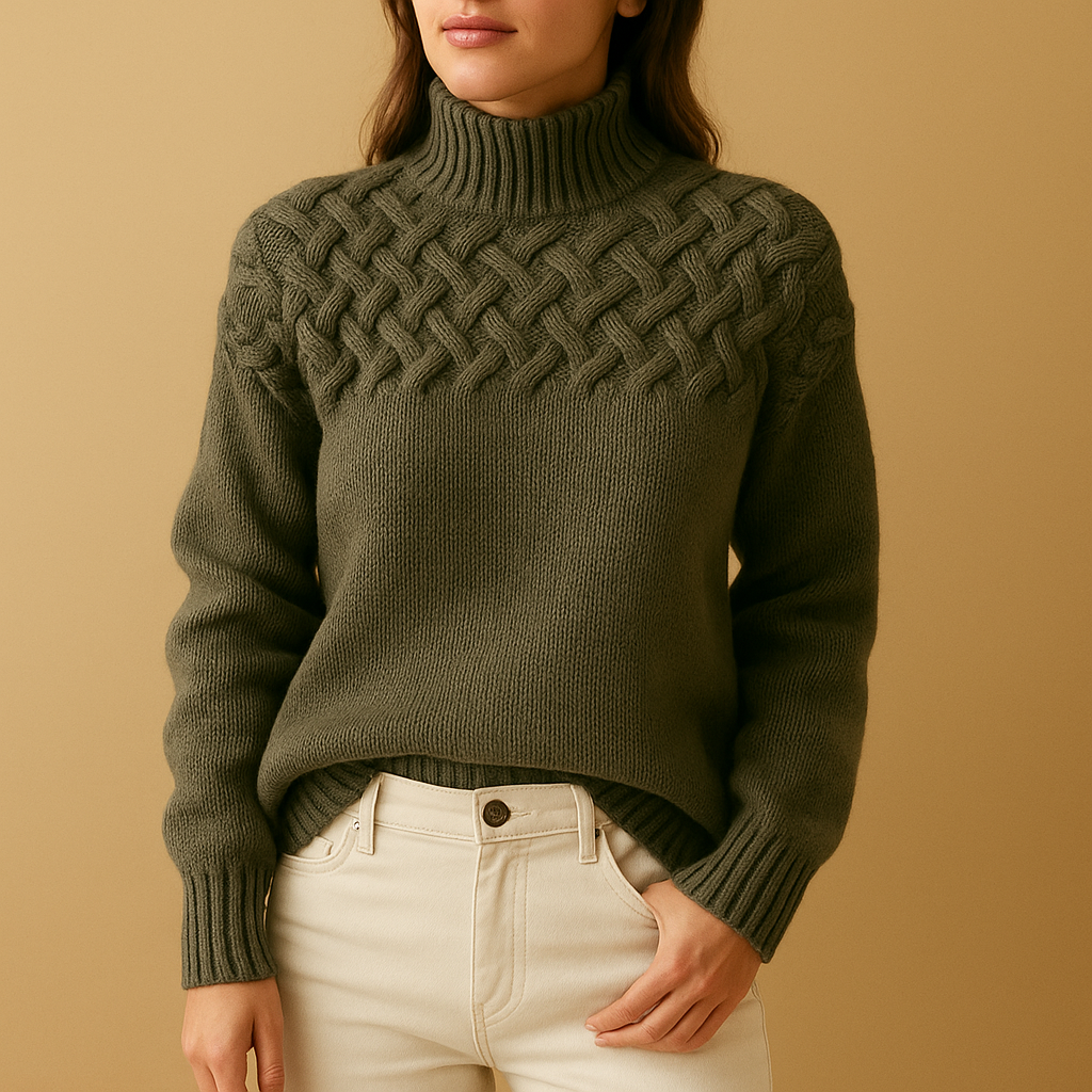Person wearing a green knitted sweater with a textured pattern on a beige background