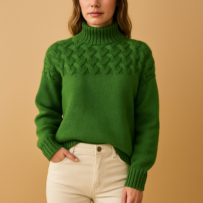 Person wearing a green knitted sweater against a beige background