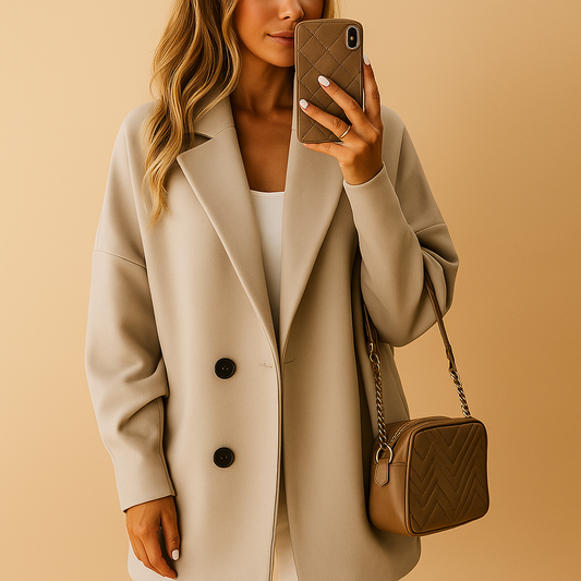 Woman in a light grey coat holding a brown quilted handbag and phone against a beige background