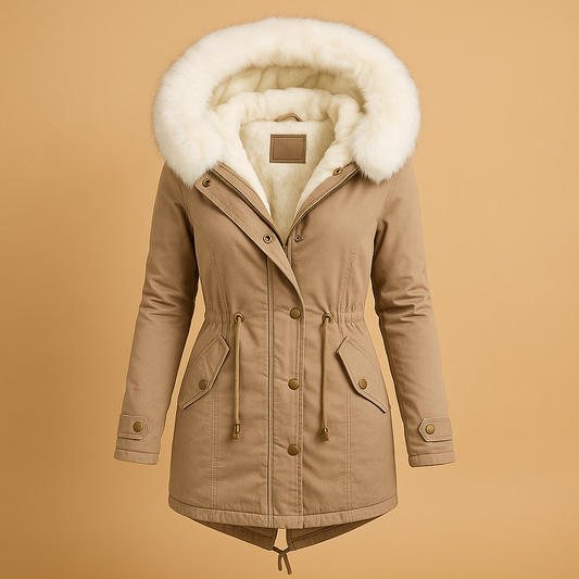 Beige parka coat with white fur hood on a beige background