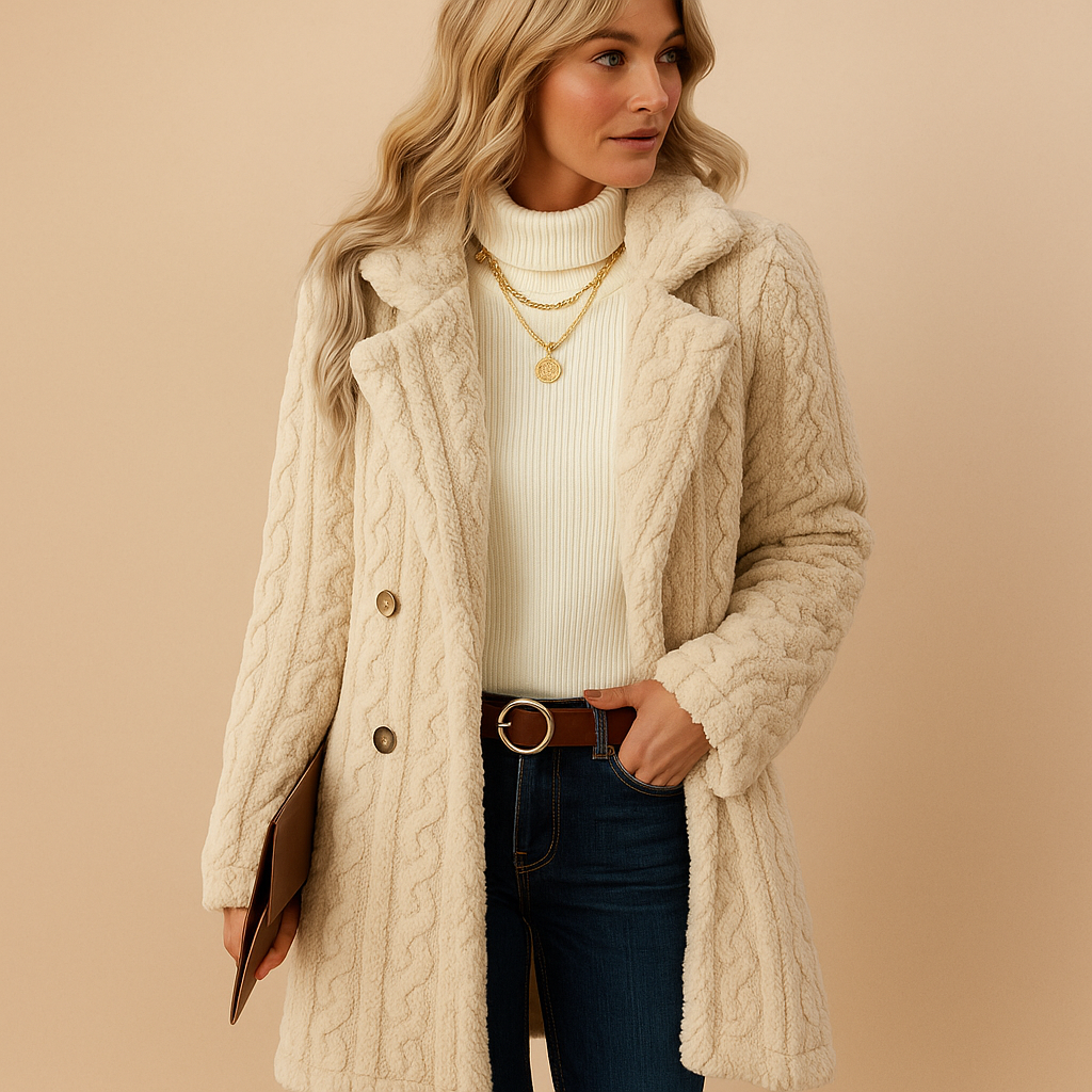 Woman wearing a cream cable knit coat against a beige background
