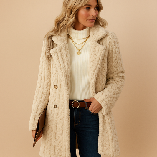 Woman wearing a cream cable knit coat against a beige background