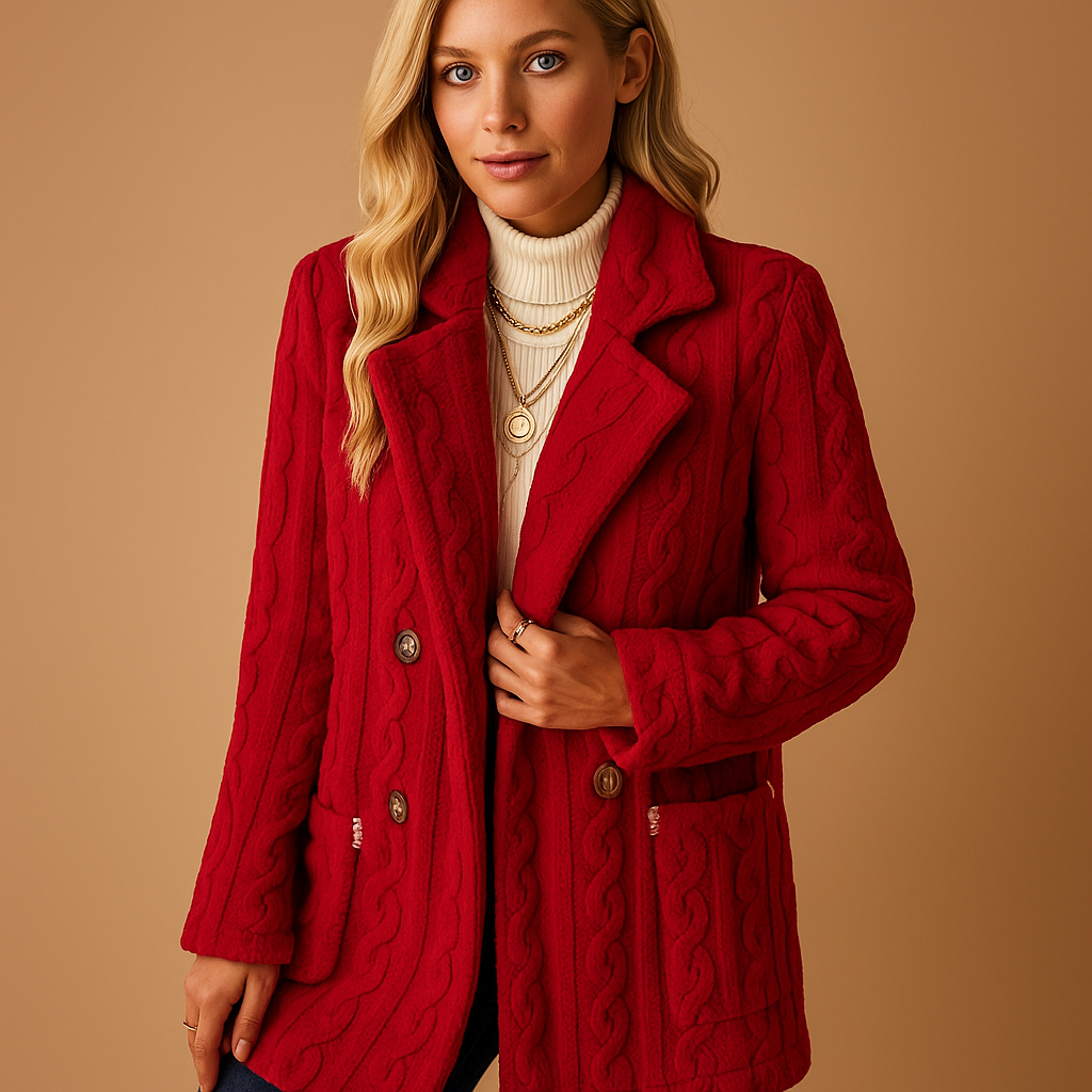 Woman wearing a red coat against a beige background