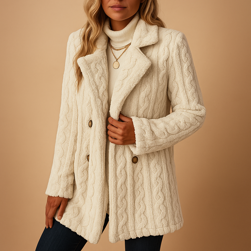 Woman wearing a cream cable knit coat against a beige background