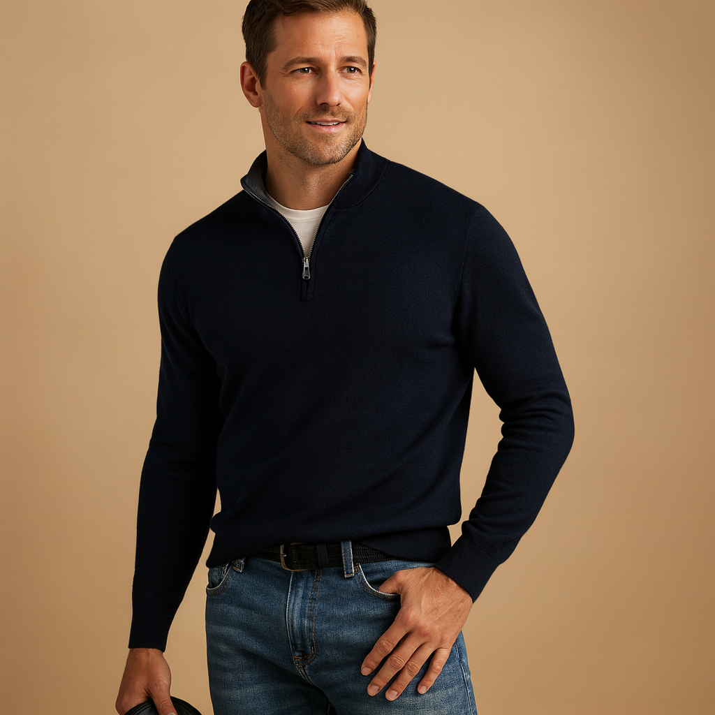 Man wearing a black quarter-zip sweater and jeans on a beige background
